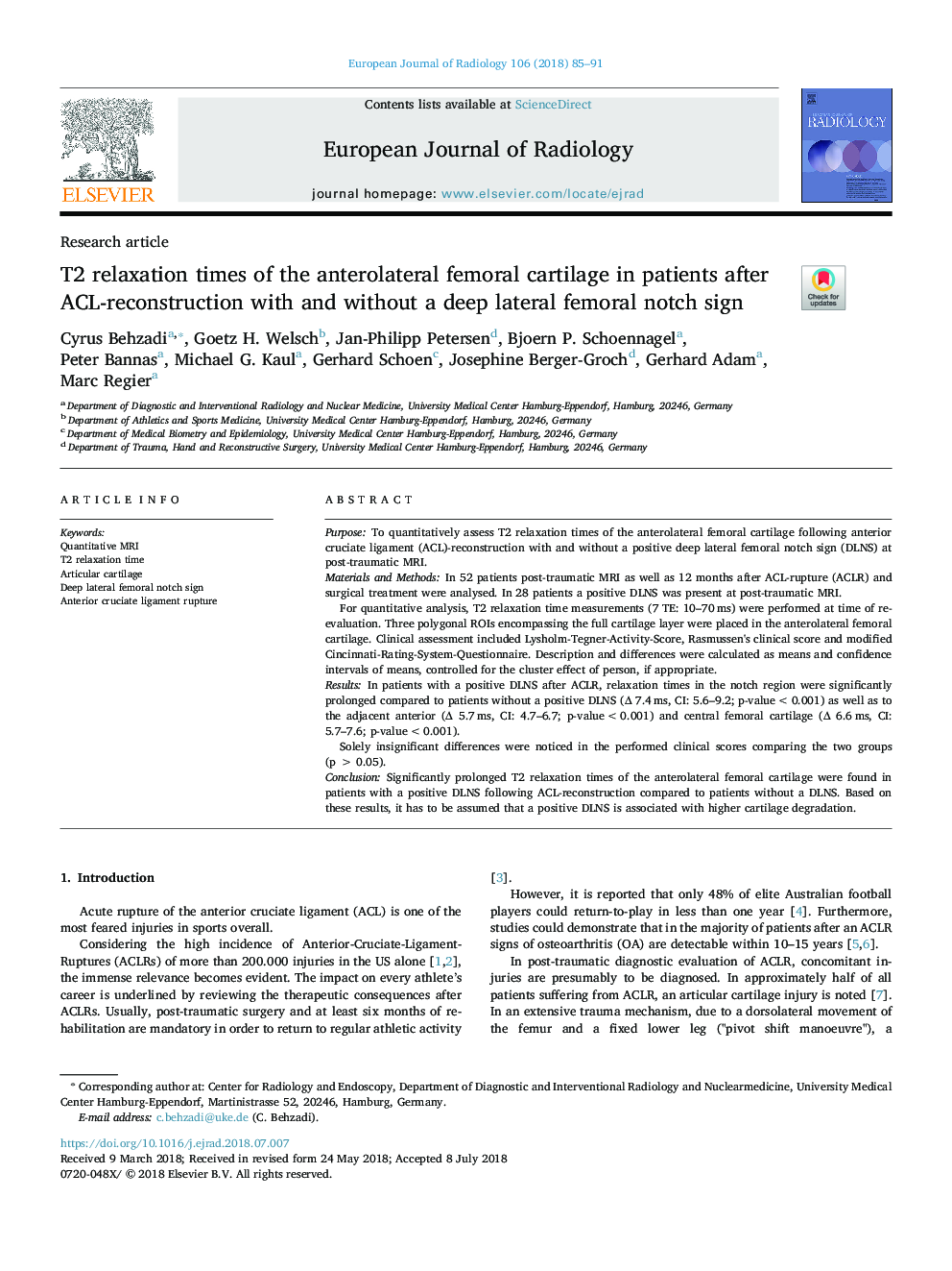 T2 relaxation times of the anterolateral femoral cartilage in patients after ACL-reconstruction with and without a deep lateral femoral notch sign