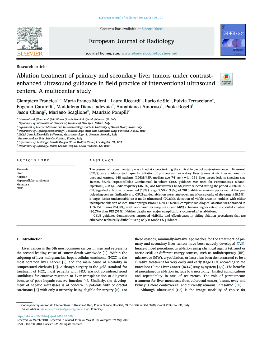 Ablation treatment of primary and secondary liver tumors under contrast-enhanced ultrasound guidance in field practice of interventional ultrasound centers. A multicenter study