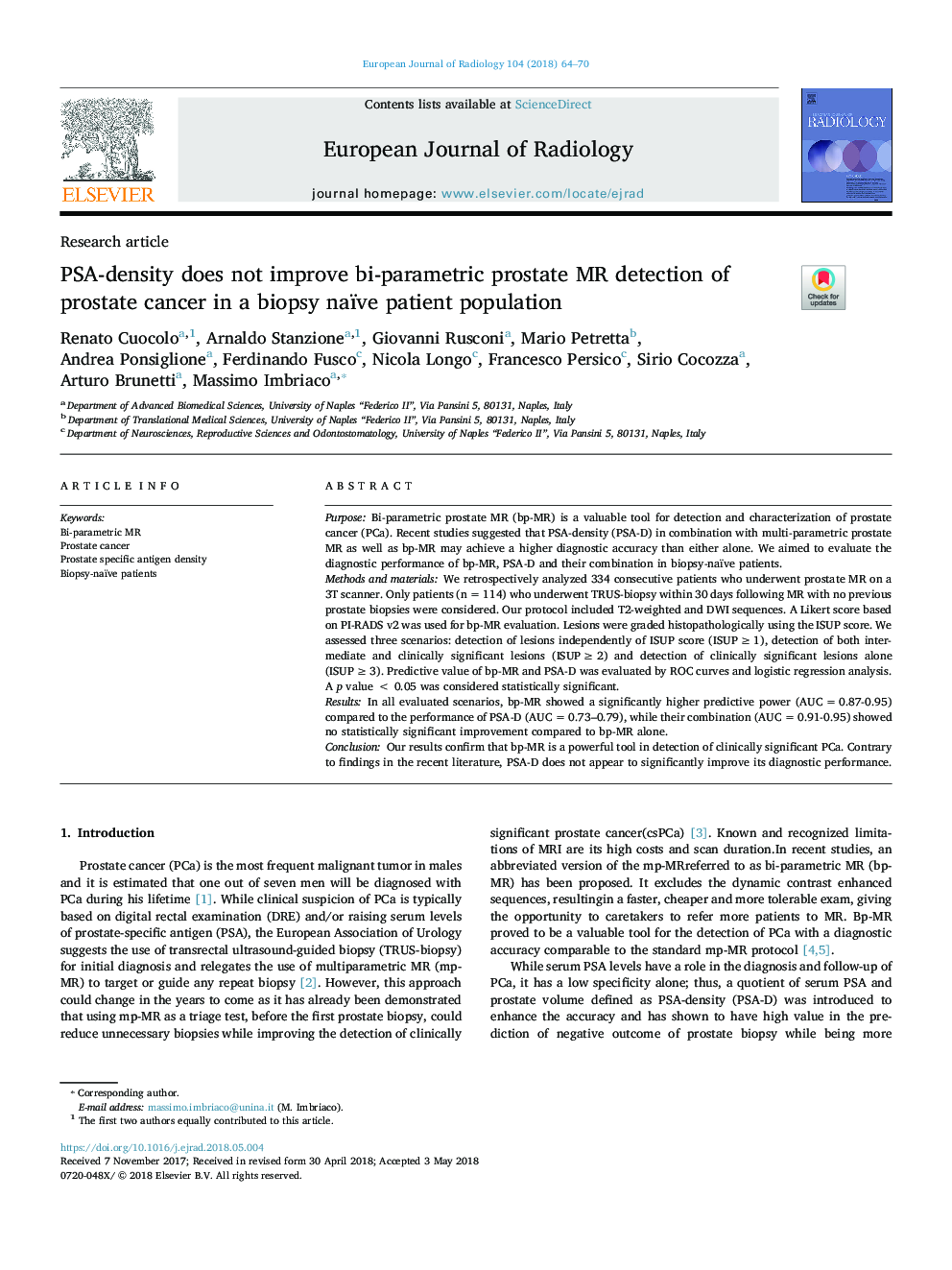 PSA-density does not improve bi-parametric prostate MR detection of prostate cancer in a biopsy naïve patient population