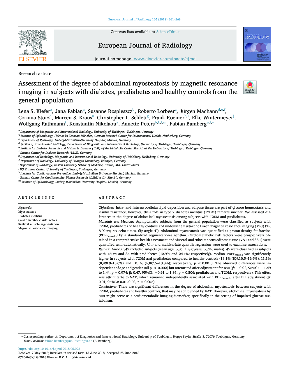 Assessment of the degree of abdominal myosteatosis by magnetic resonance imaging in subjects with diabetes, prediabetes and healthy controls from the general population