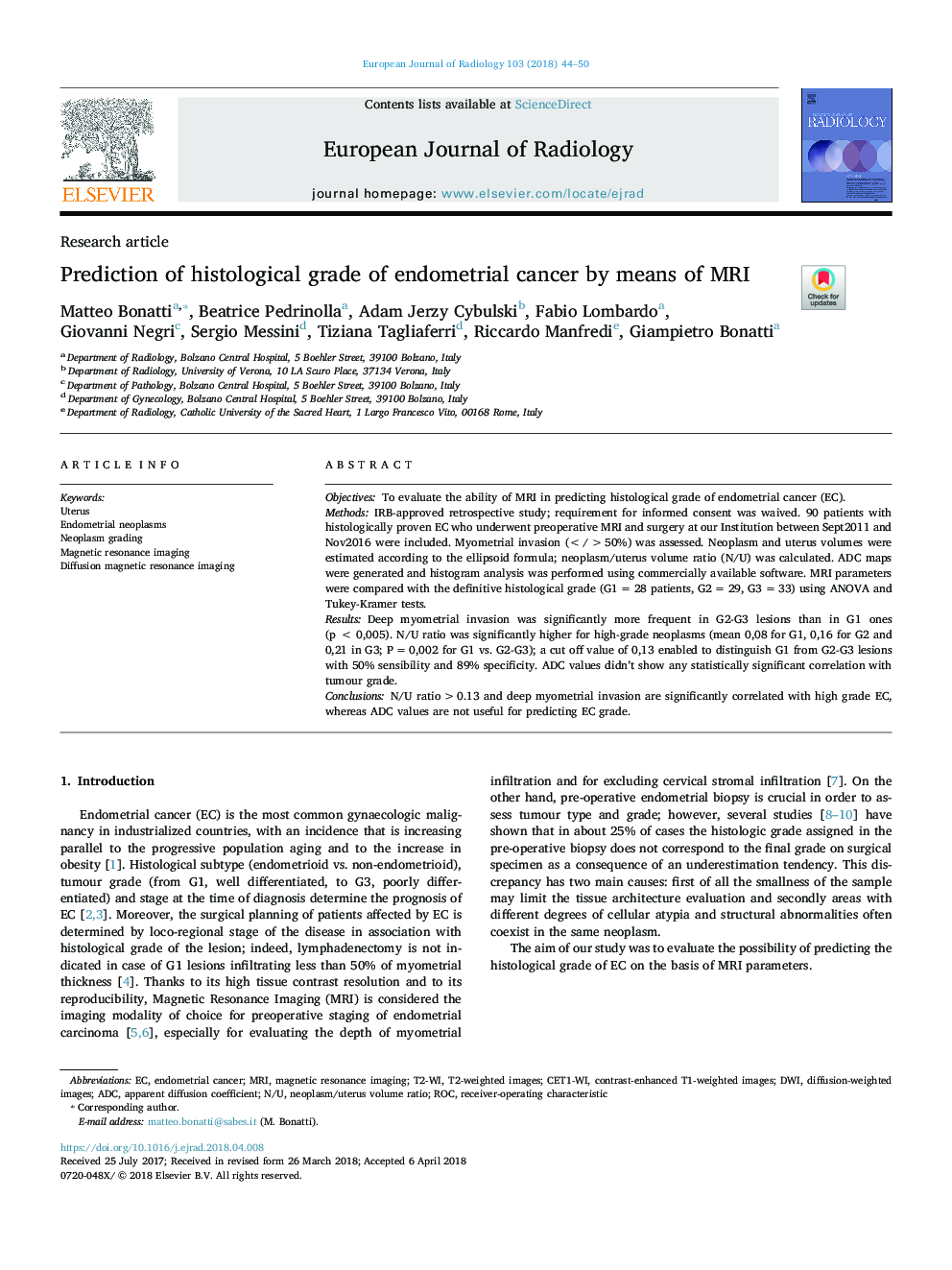 Prediction of histological grade of endometrial cancer by means of MRI