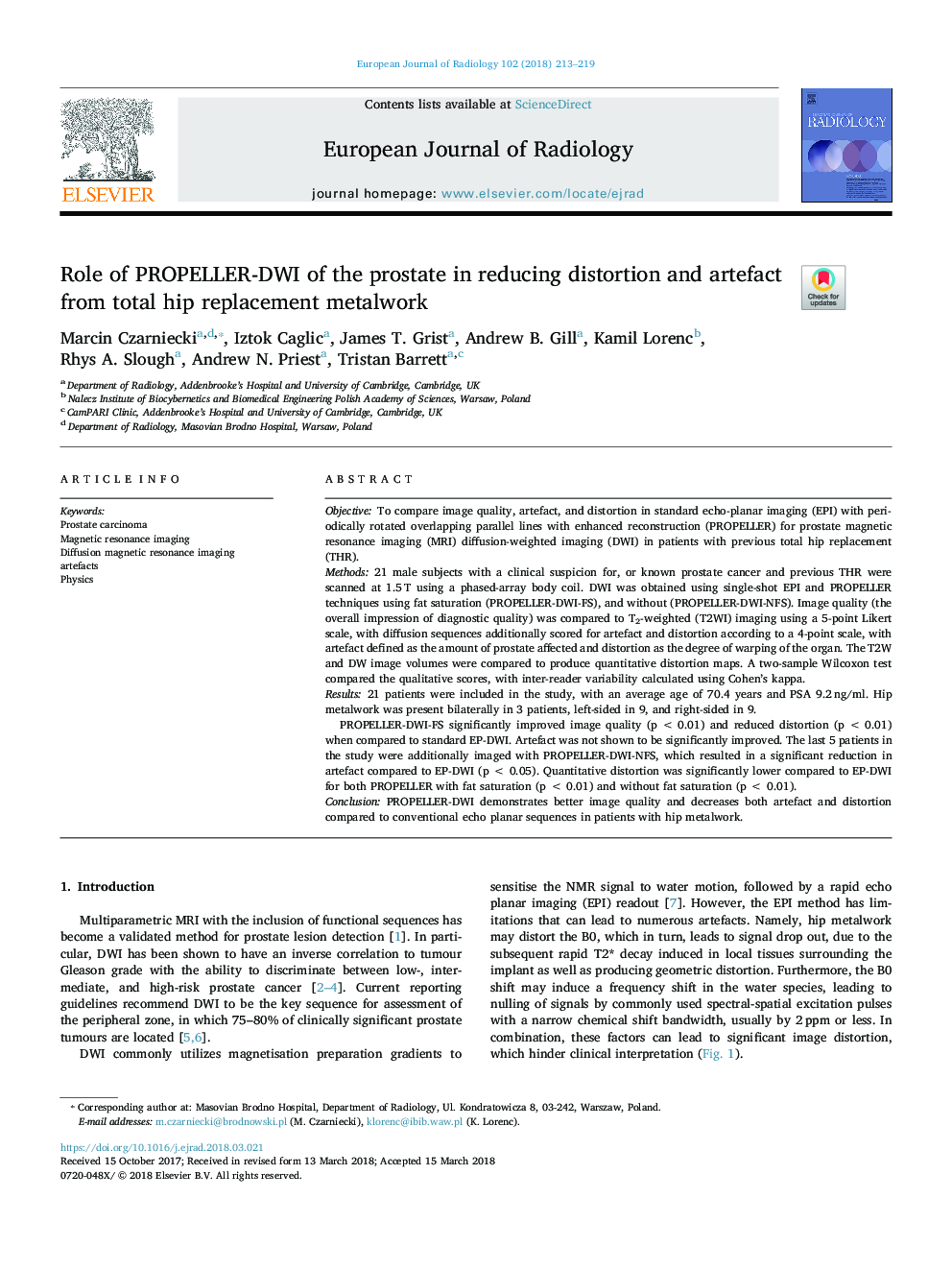 Role of PROPELLER-DWI of the prostate in reducing distortion and artefact from total hip replacement metalwork