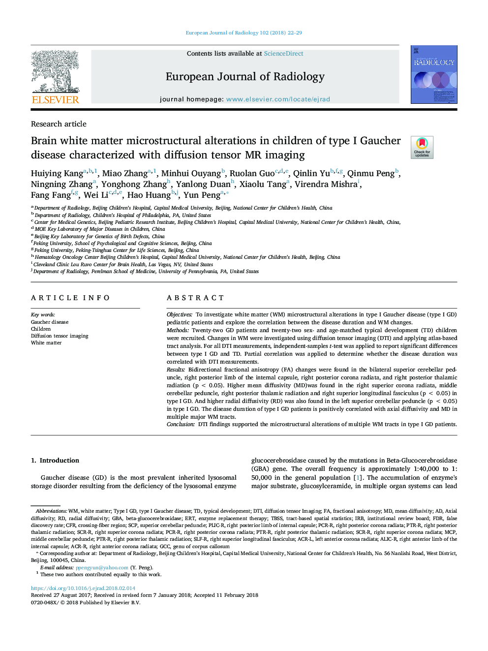 Brain white matter microstructural alterations in children of type I Gaucher disease characterized with diffusion tensor MR imaging