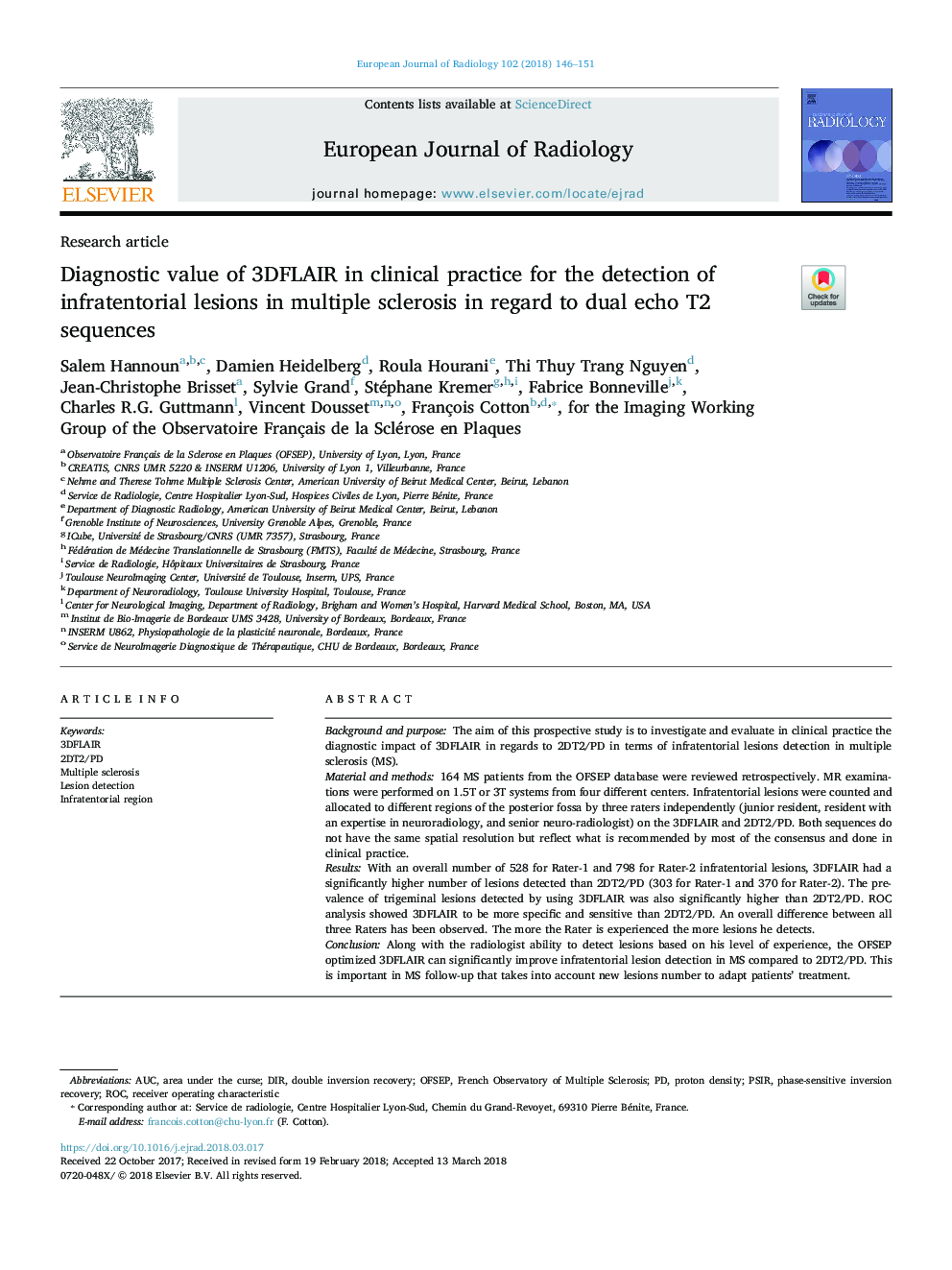 Diagnostic value of 3DFLAIR in clinical practice for the detection of infratentorial lesions in multiple sclerosis in regard to dual echo T2 sequences