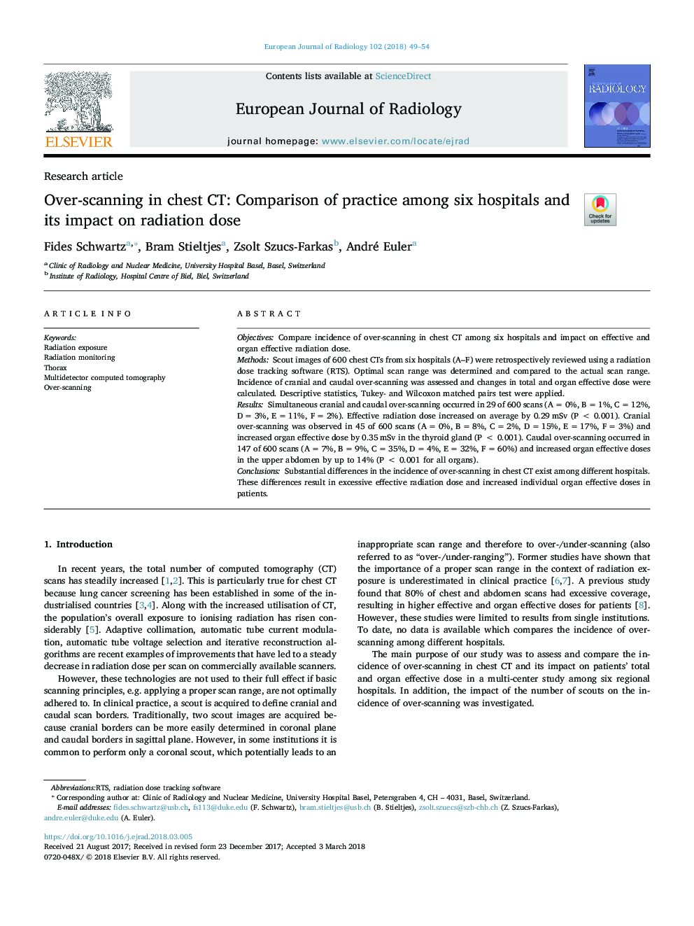 Over-scanning in chest CT: Comparison of practice among six hospitals and its impact on radiation dose