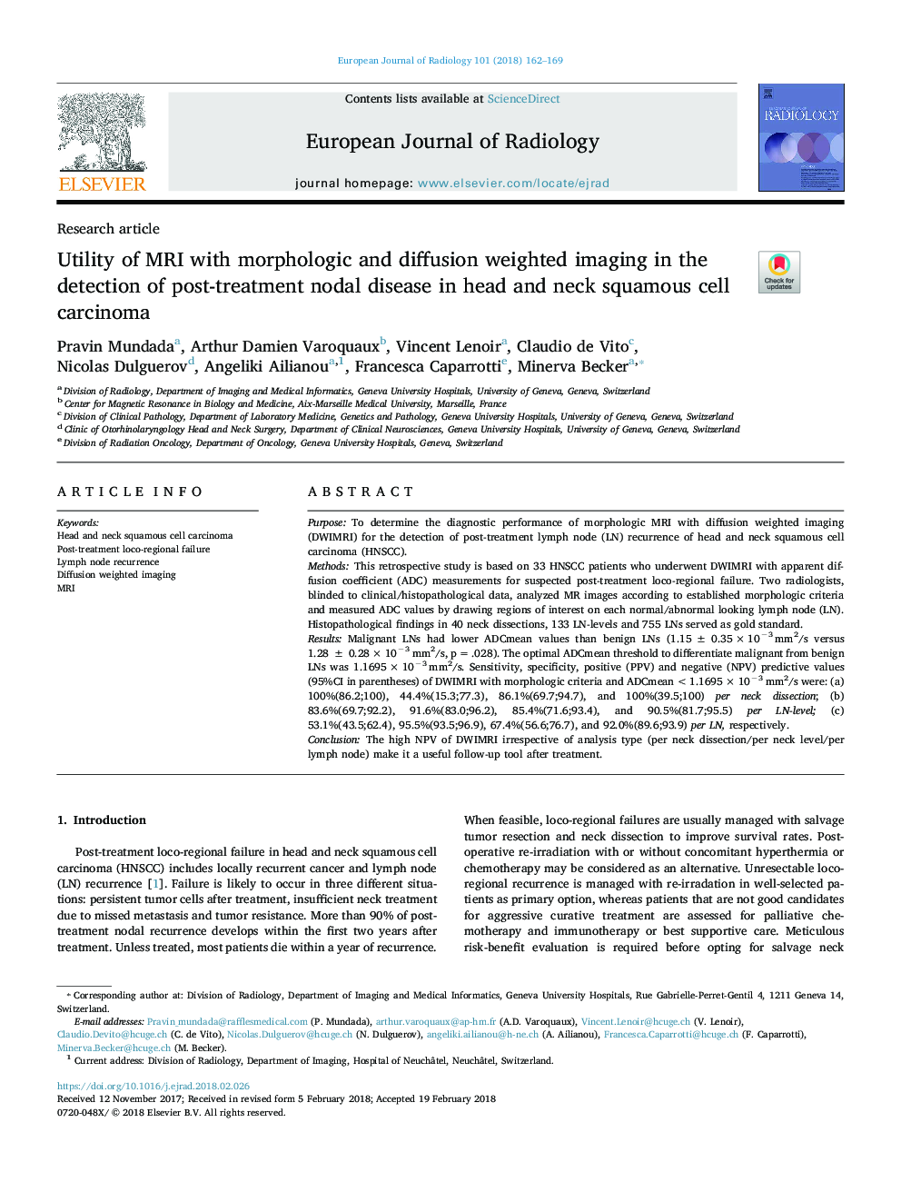 Utility of MRI with morphologic and diffusion weighted imaging in the detection of post-treatment nodal disease in head and neck squamous cell carcinoma