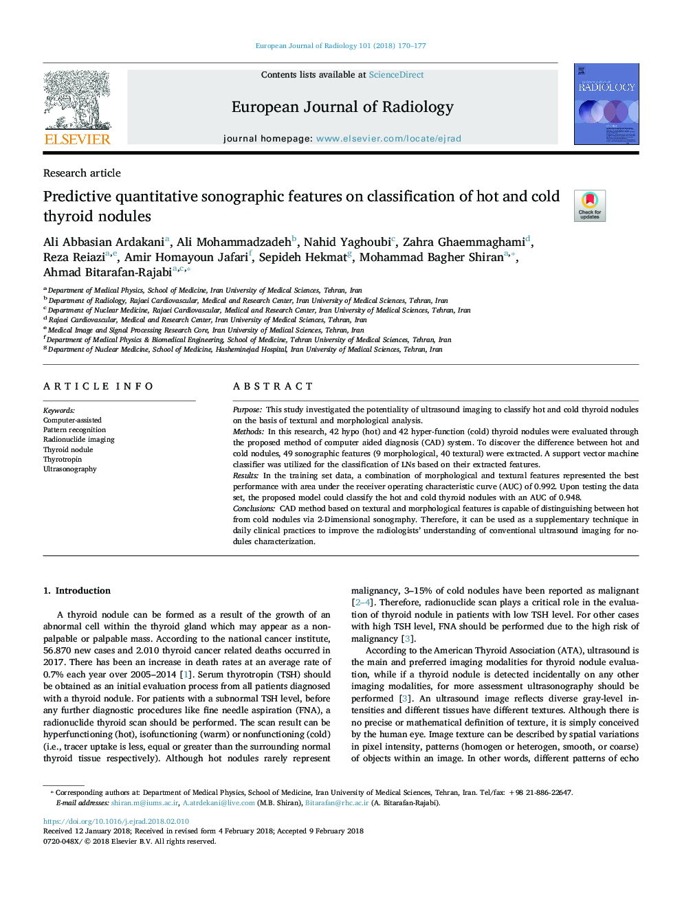 Predictive quantitative sonographic features on classification of hot and cold thyroid nodules