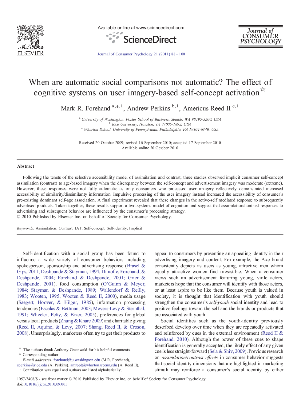 When are automatic social comparisons not automatic? The effect of cognitive systems on user imagery-based self-concept activation 