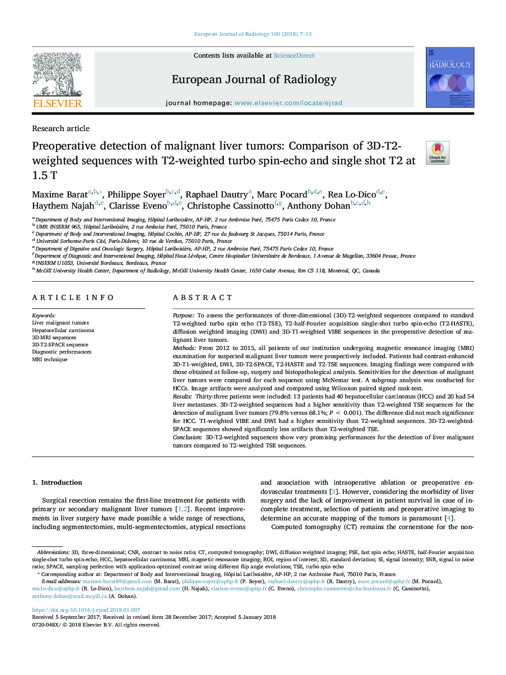 Preoperative detection of malignant liver tumors: Comparison of 3D-T2-weighted sequences with T2-weighted turbo spin-echo and single shot T2 at 1.5â¯T