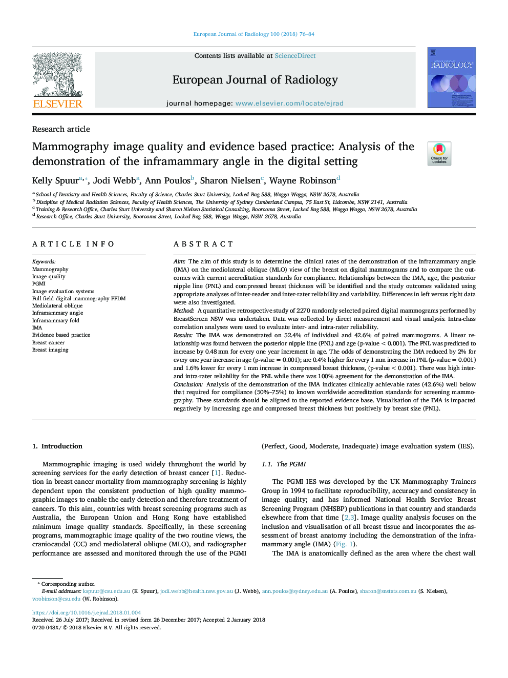 Mammography image quality and evidence based practice: Analysis of the demonstration of the inframammary angle in the digital setting