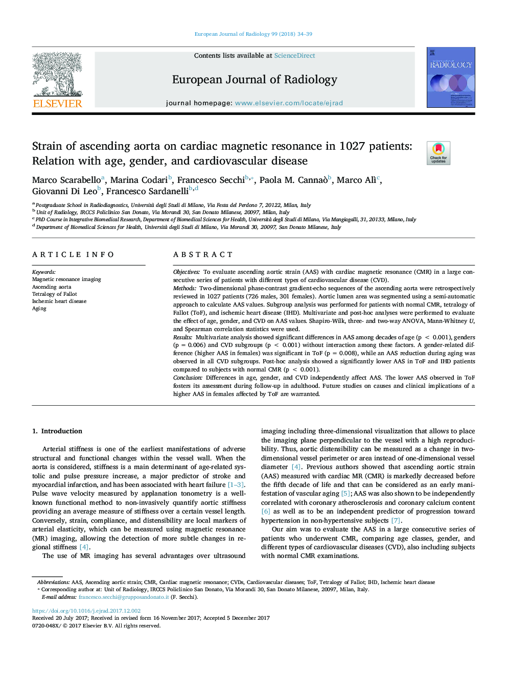 Strain of ascending aorta on cardiac magnetic resonance in 1027 patients: Relation with age, gender, and cardiovascular disease