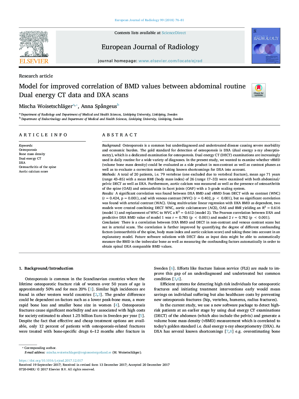 Model for improved correlation of BMD values between abdominal routine Dual energy CT data and DXA scans