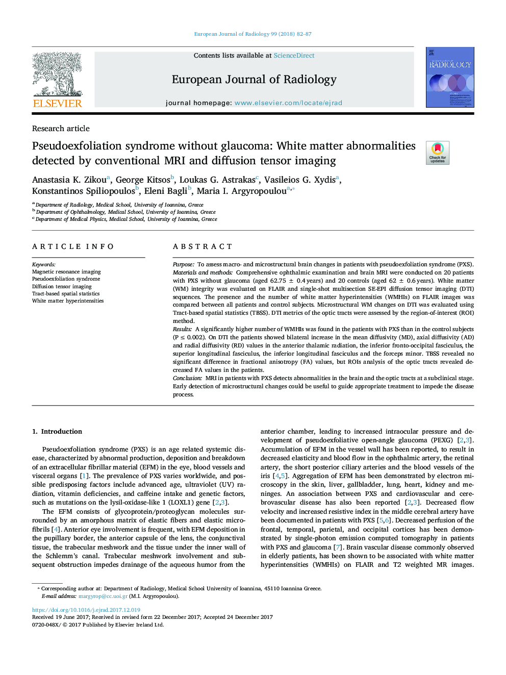 Pseudoexfoliation syndrome without glaucoma: White matter abnormalities detected by conventional MRI and diffusion tensor imaging