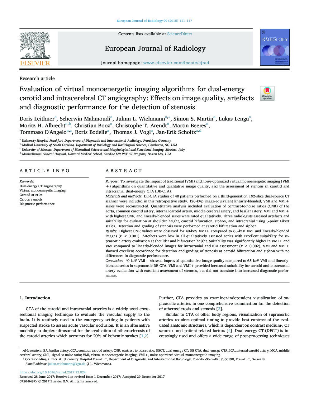 Evaluation of virtual monoenergetic imaging algorithms for dual-energy carotid and intracerebral CT angiography: Effects on image quality, artefacts and diagnostic performance for the detection of stenosis