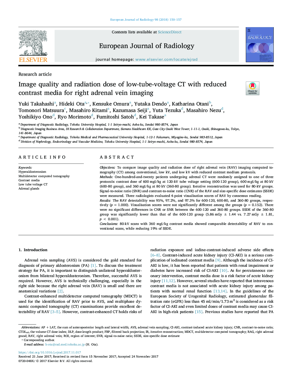 Image quality and radiation dose of low-tube-voltage CT with reduced contrast media for right adrenal vein imaging