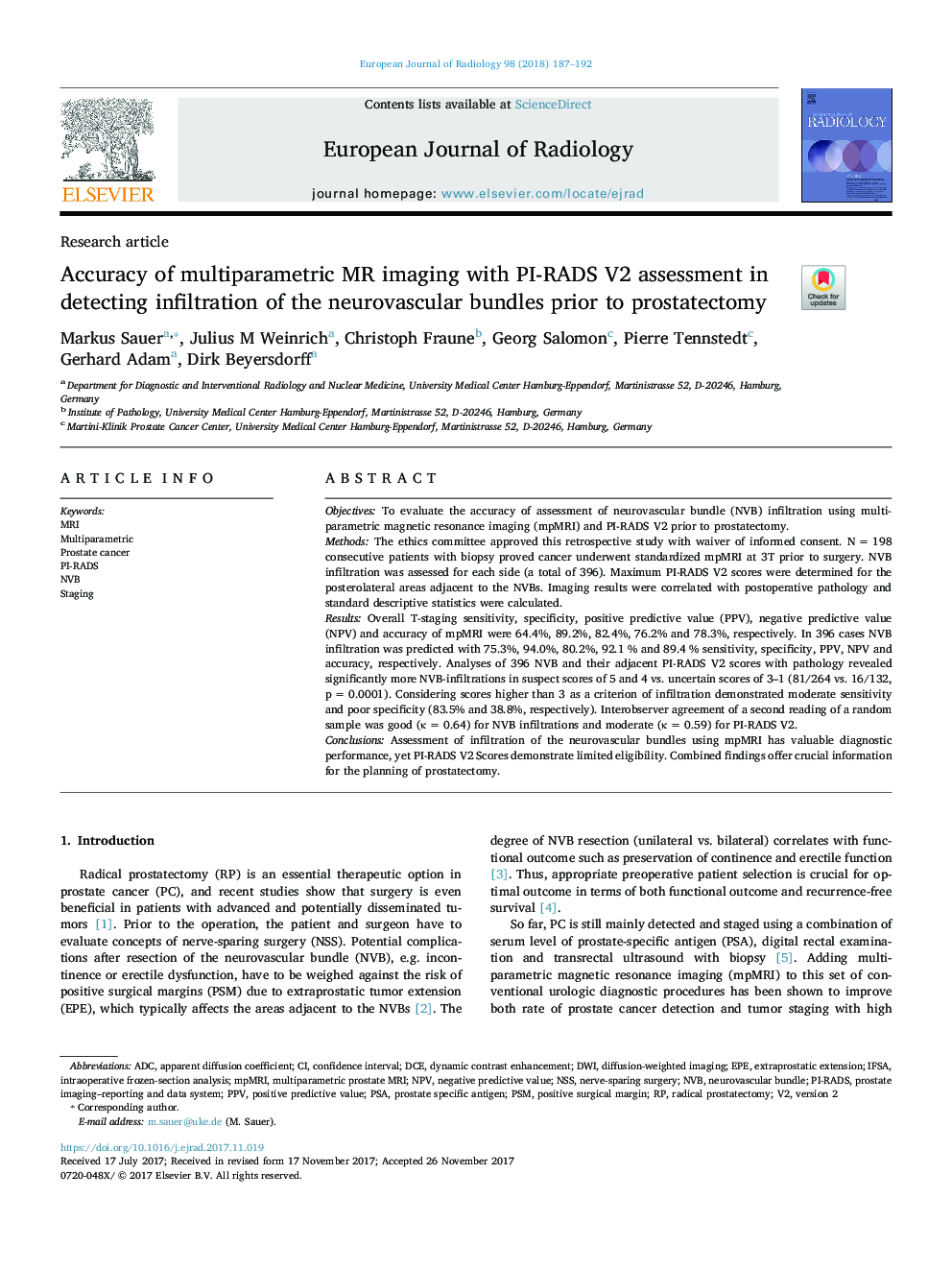 Accuracy of multiparametric MR imaging with PI-RADS V2 assessment in detecting infiltration of the neurovascular bundles prior to prostatectomy