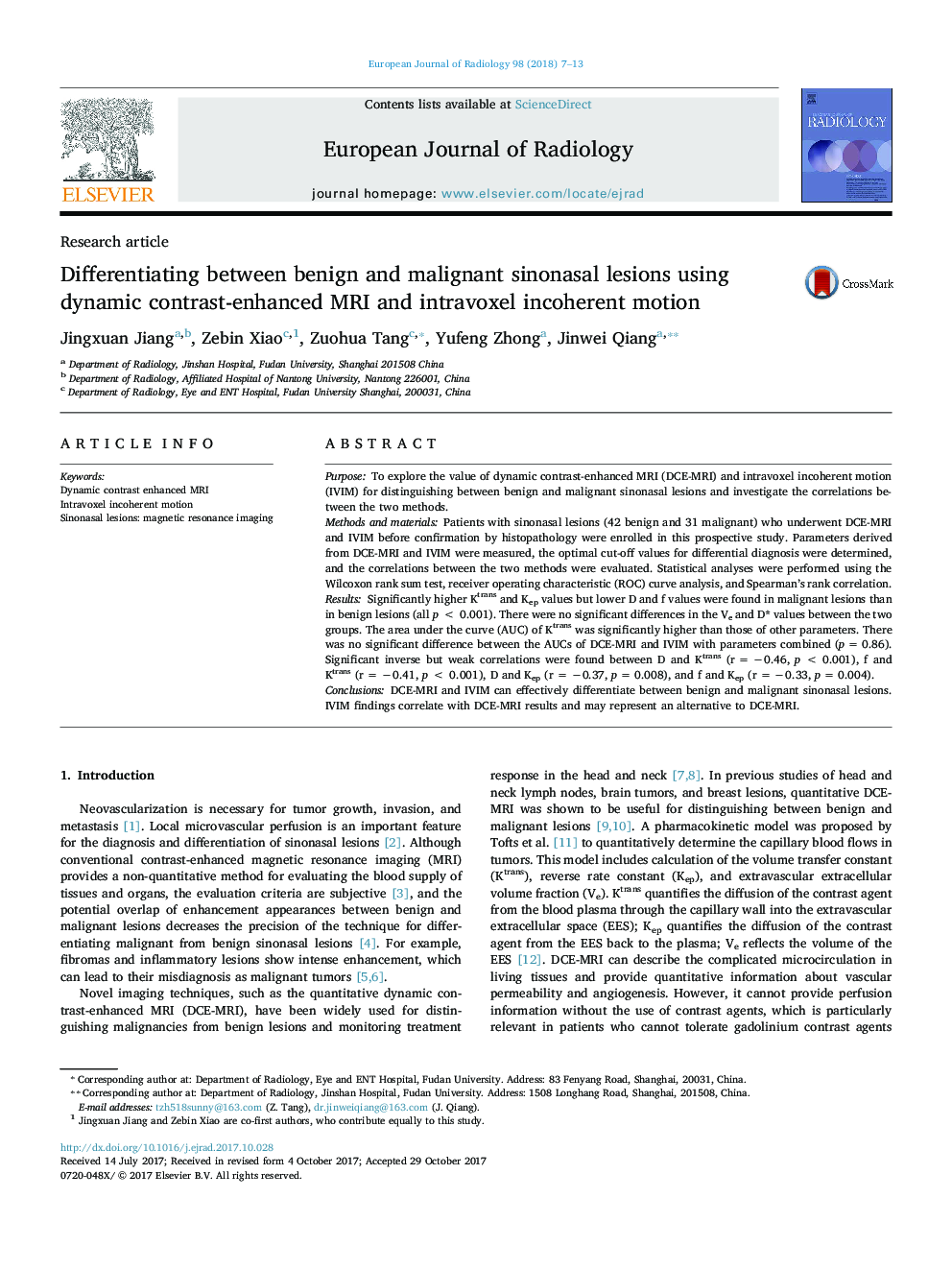 Differentiating between benign and malignant sinonasal lesions using dynamic contrast-enhanced MRI and intravoxel incoherent motion