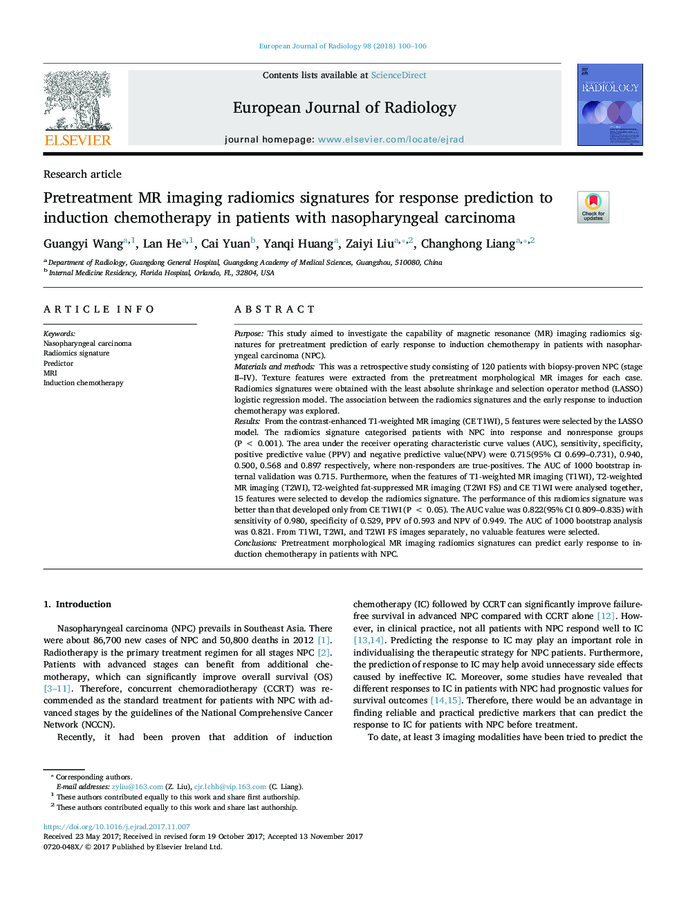 Pretreatment MR imaging radiomics signatures for response prediction to induction chemotherapy in patients with nasopharyngeal carcinoma