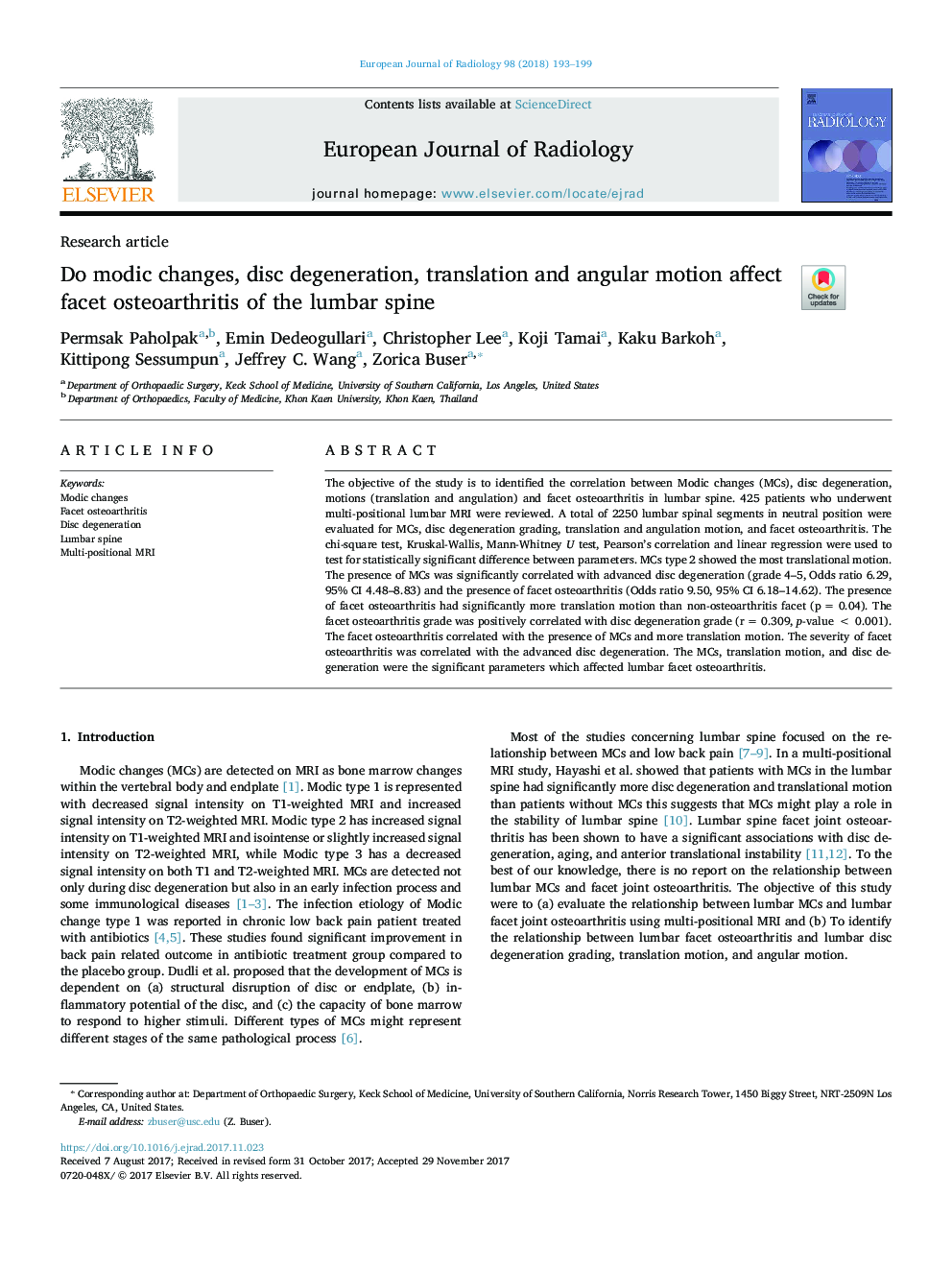 Do modic changes, disc degeneration, translation and angular motion affect facet osteoarthritis of the lumbar spine