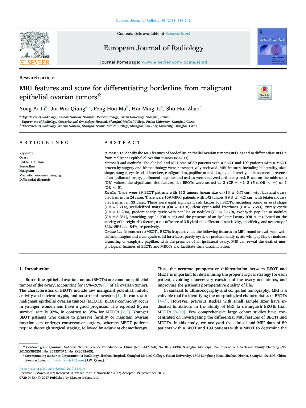 MRI features and score for differentiating borderline from malignant epithelial ovarian tumors