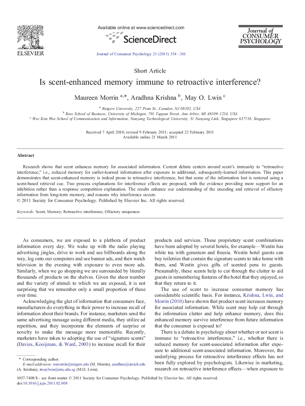 Is scent-enhanced memory immune to retroactive interference?