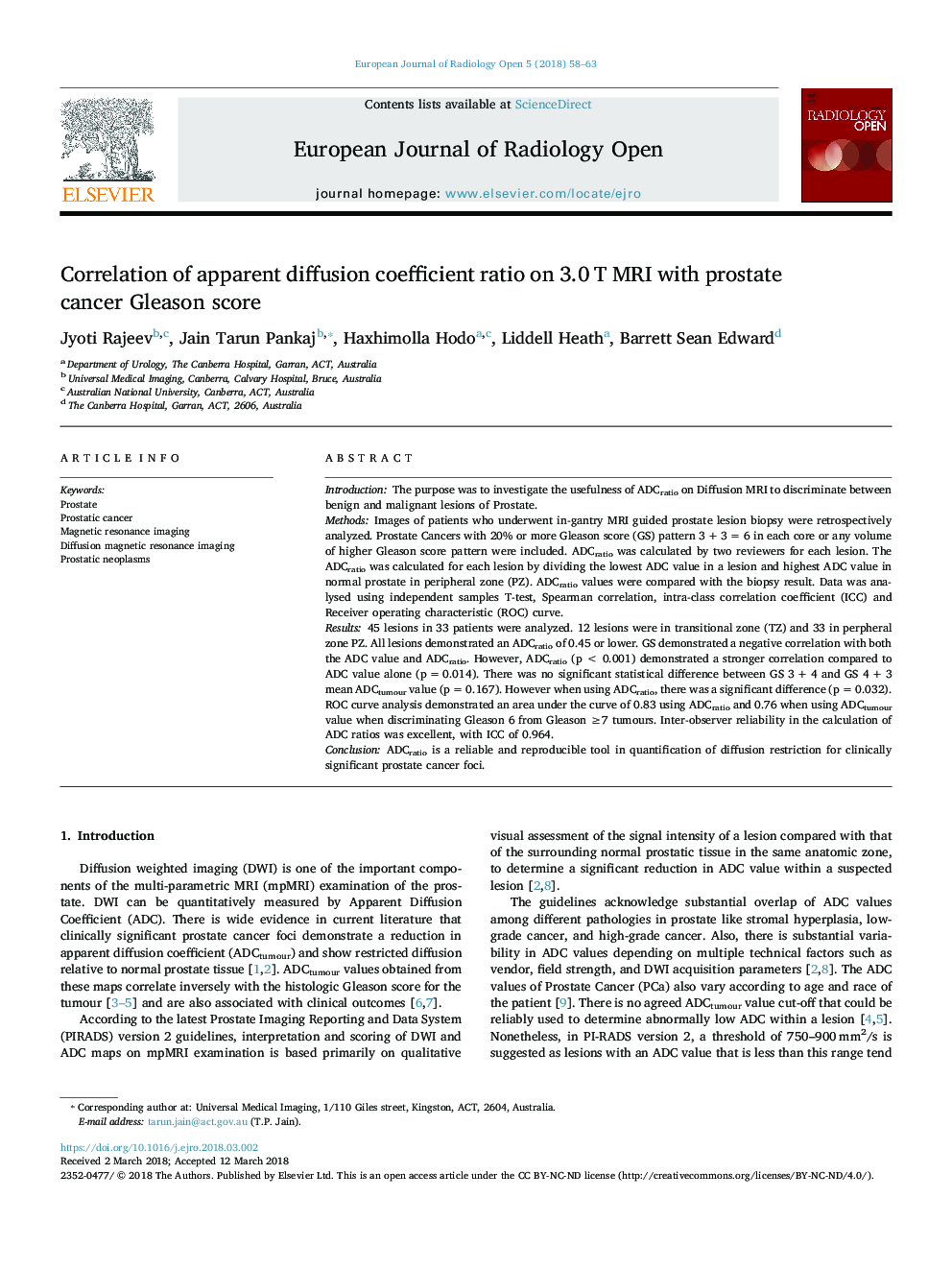 Correlation of apparent diffusion coefficient ratio on 3.0â¯T MRI with prostate cancer Gleason score