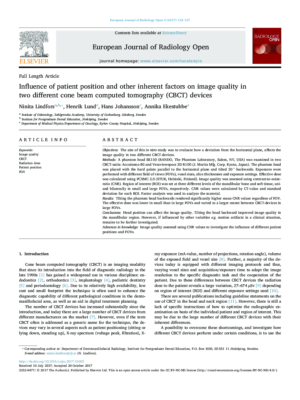 Influence of patient position and other inherent factors on image quality in two different cone beam computed tomography (CBCT) devices