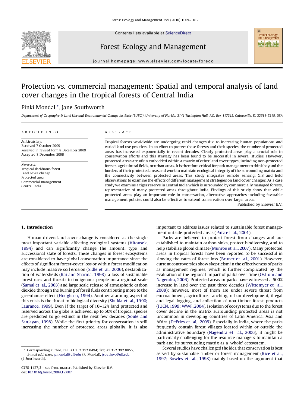 Protection vs. commercial management: Spatial and temporal analysis of land cover changes in the tropical forests of Central India