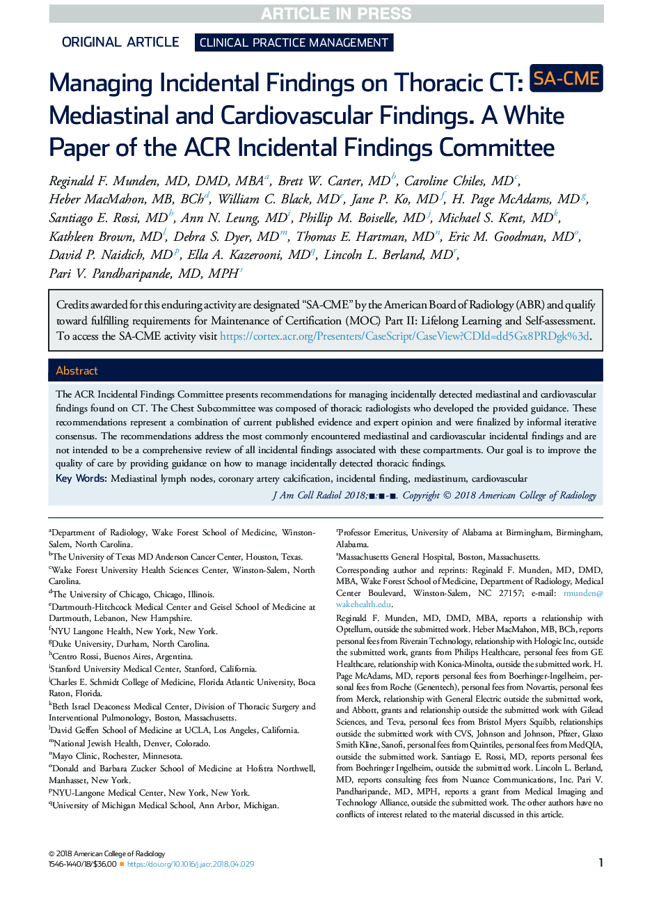 Managing Incidental Findings on Thoracic CT: Mediastinal and Cardiovascular Findings. A White Paper of the ACR Incidental Findings Committee