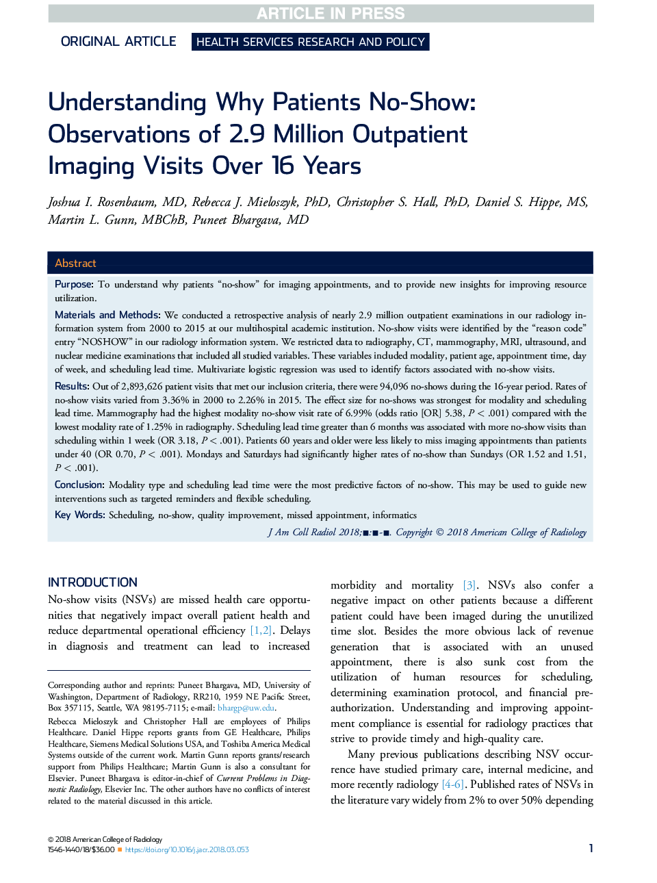 Understanding Why Patients No-Show: Observations of 2.9 Million Outpatient Imaging Visits Over 16 Years