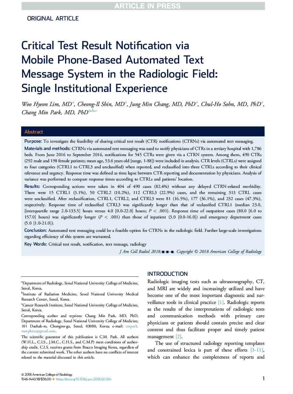Critical Test Result Notification via MobileÂ Phone-Based Automated Text Message System in the Radiologic Field: Single Institutional Experience