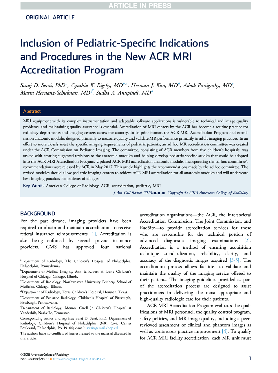 Inclusion of Pediatric-Specific Indications and Procedures in the New ACR MRI Accreditation Program