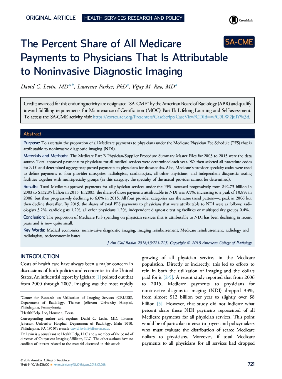 The Percent Share of All Medicare PaymentsÂ toÂ Physicians That Is Attributable toÂ Noninvasive Diagnostic Imaging