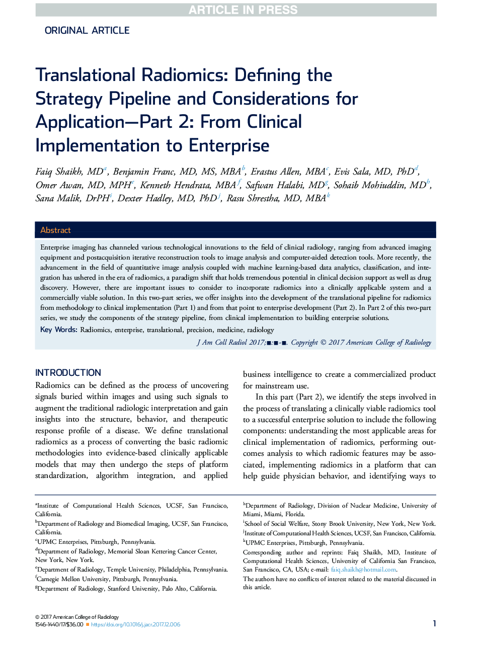 Translational Radiomics: Defining the Strategy Pipeline and Considerations for Application-Part 2: From Clinical Implementation to Enterprise