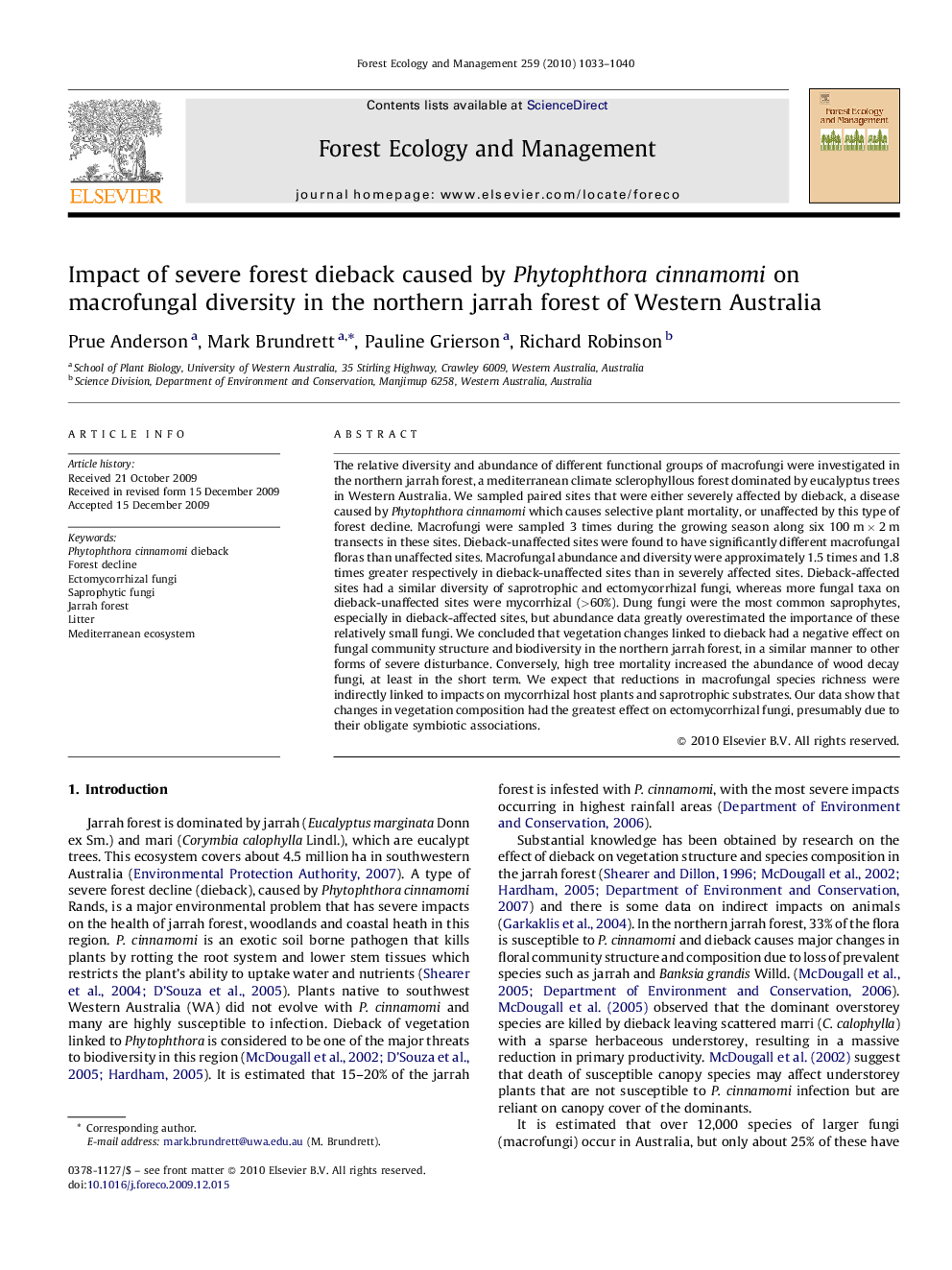 Impact of severe forest dieback caused by Phytophthoracinnamomi on macrofungal diversity in the northern jarrah forest of Western Australia