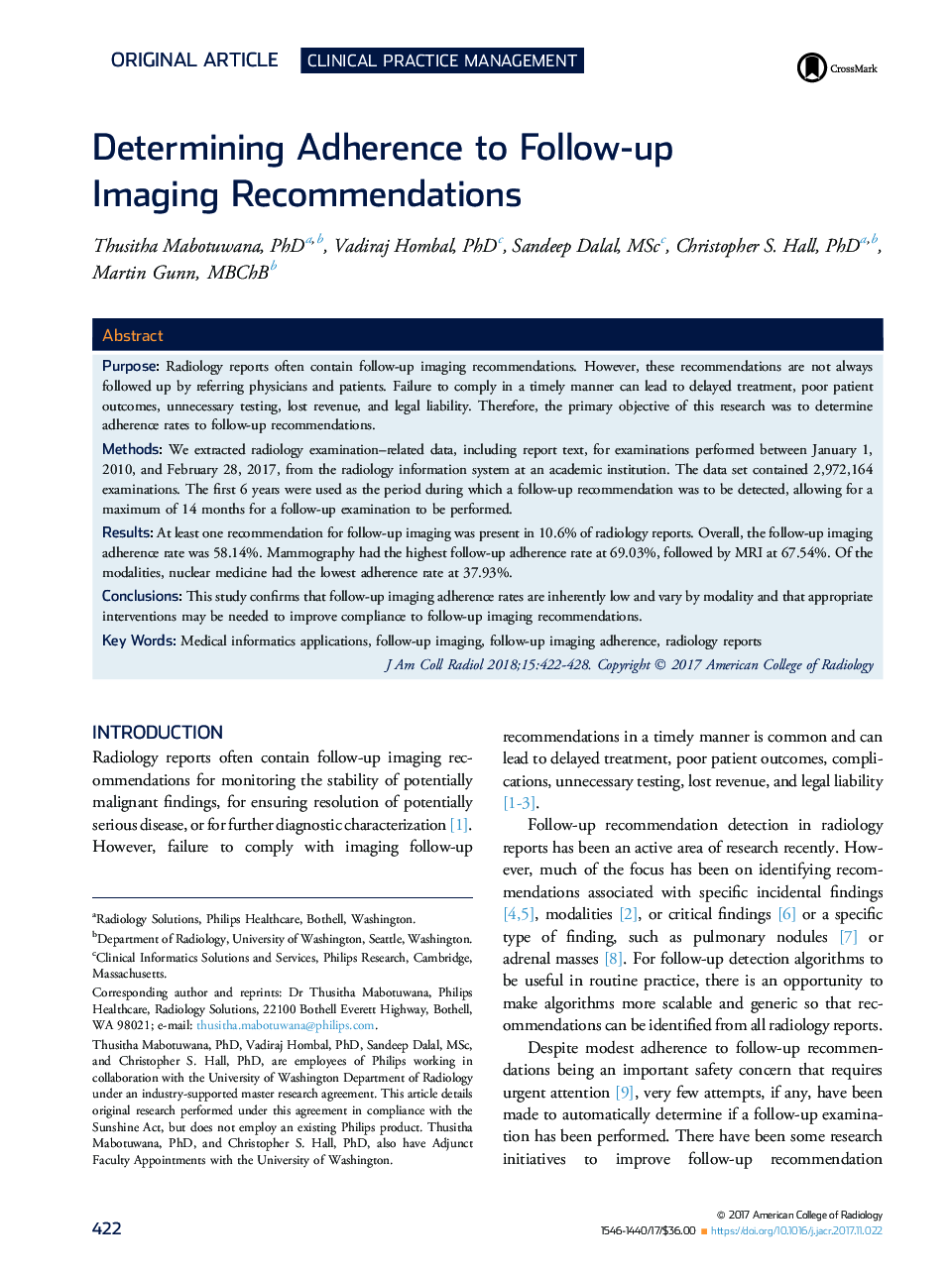 Determining Adherence to Follow-up Imaging Recommendations