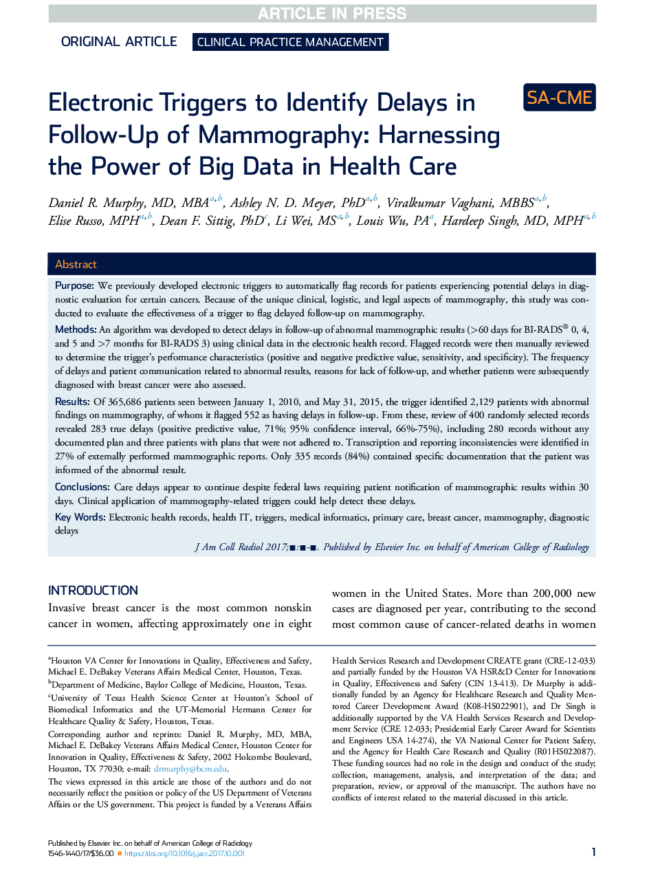 Electronic Triggers to Identify Delays in Follow-Up of Mammography: Harnessing the Power of Big Data in HealthÂ Care