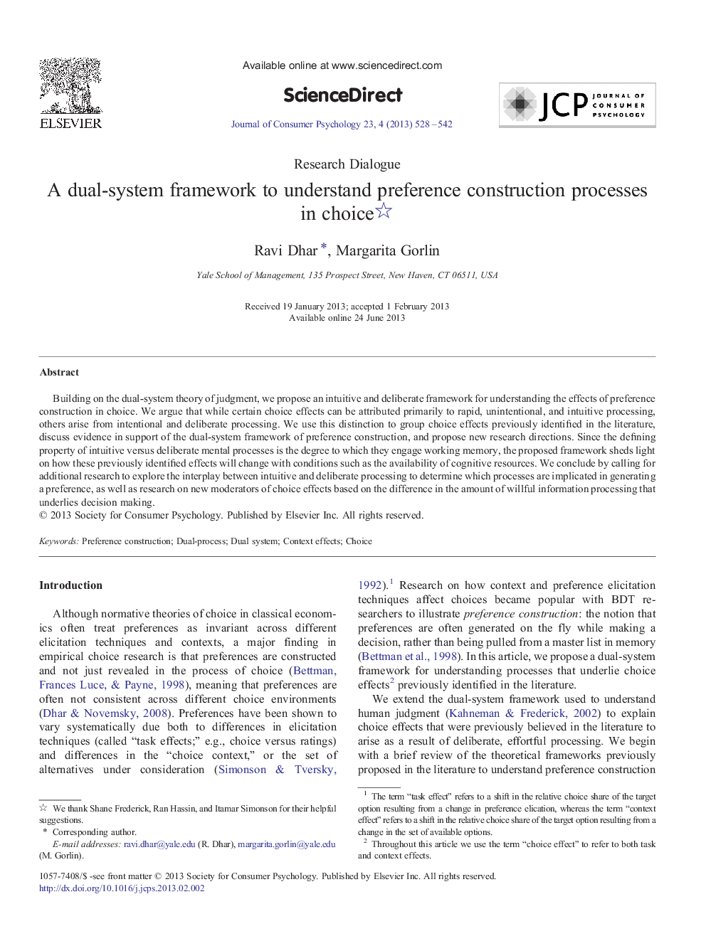 A dual-system framework to understand preference construction processes in choice 