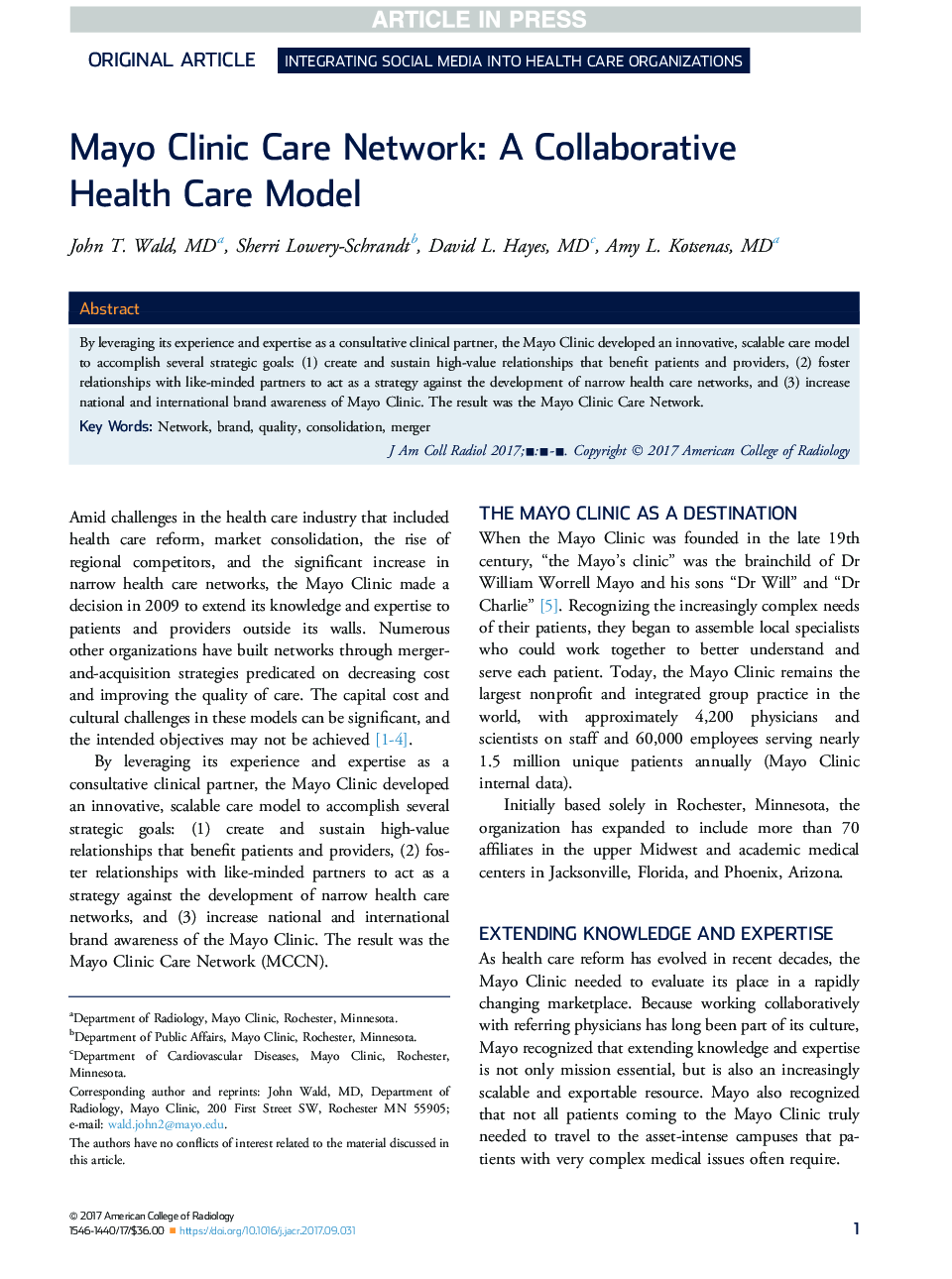 Mayo Clinic Care Network: A Collaborative Health Care Model