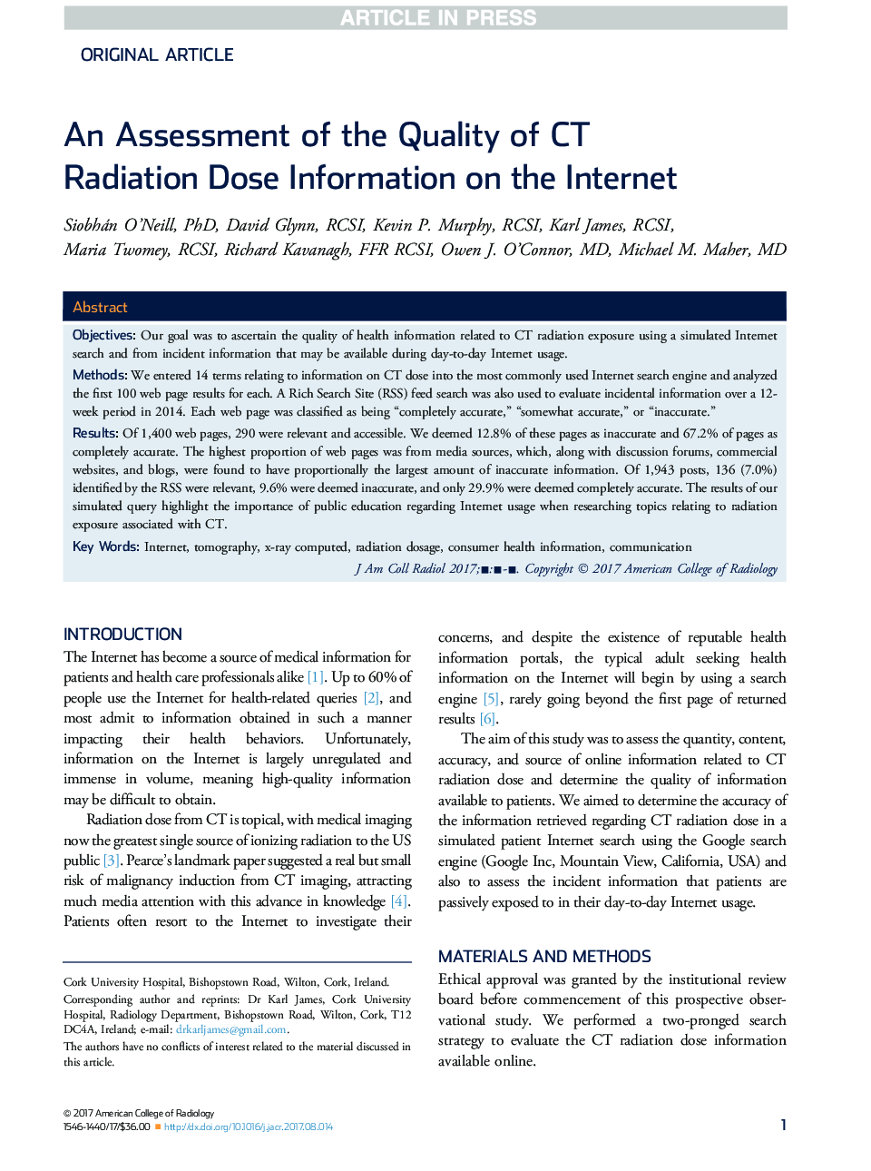 An Assessment of the Quality of CT Radiation Dose Information on the Internet