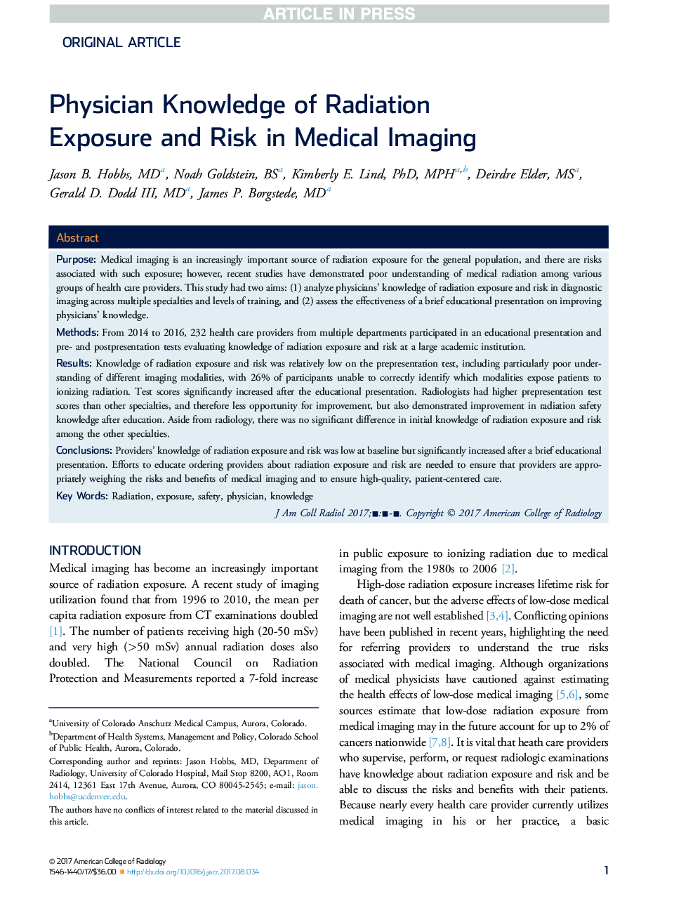 Physician Knowledge of Radiation Exposure and Risk in Medical Imaging