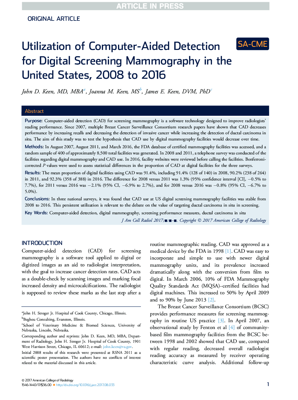 استفاده از تشخیص کامپیوتری برای ماموگرافی غربالگری دیجیتال در ایالات متحده، 2008 تا 2016 