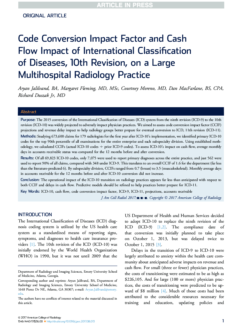 Code Conversion Impact Factor and Cash Flow Impact of International Classification of Diseases, 10th Revision, on a Large Multihospital Radiology Practice