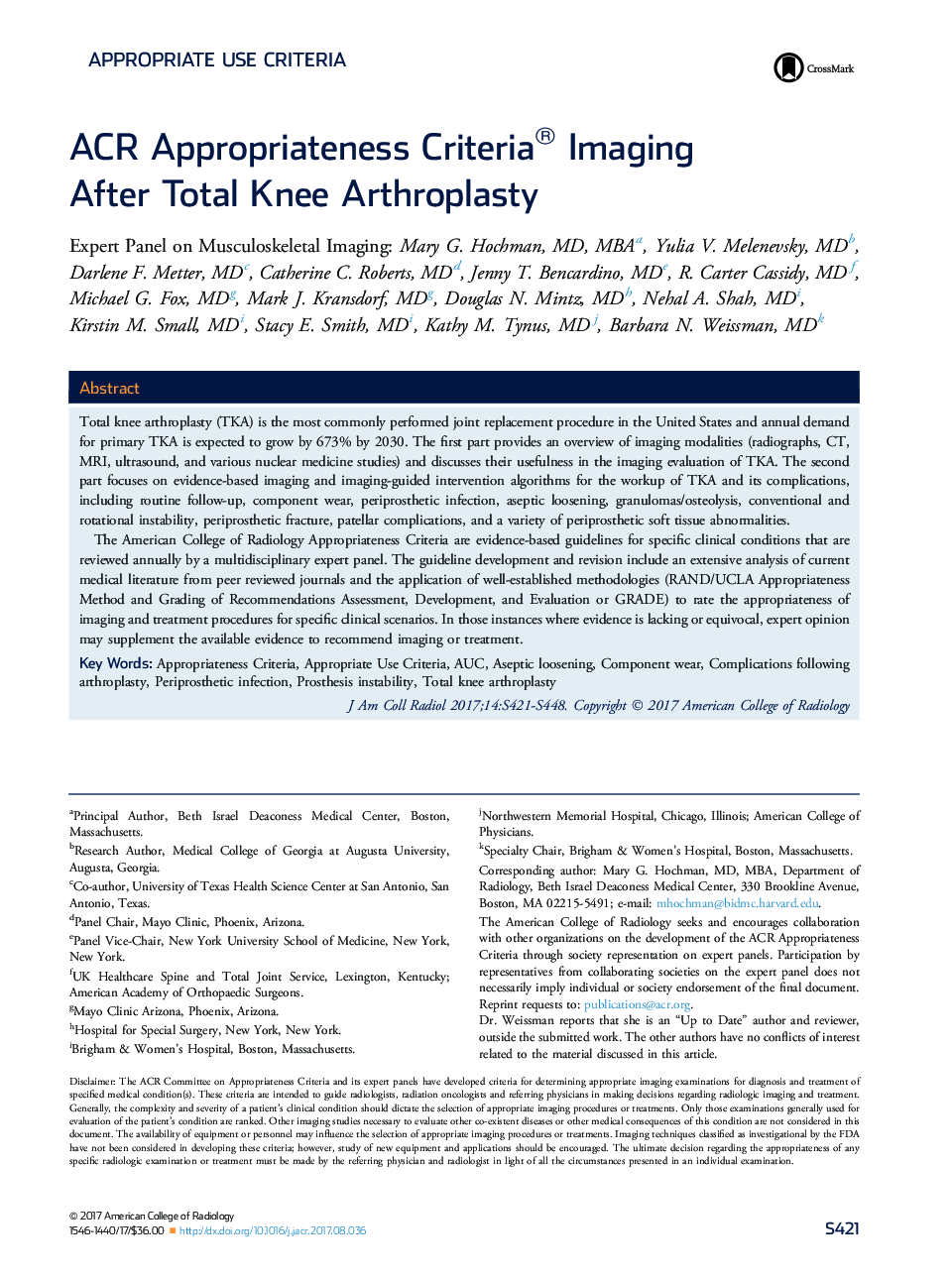 ACR Appropriateness Criteria® Imaging AfterÂ TotalÂ Knee Arthroplasty