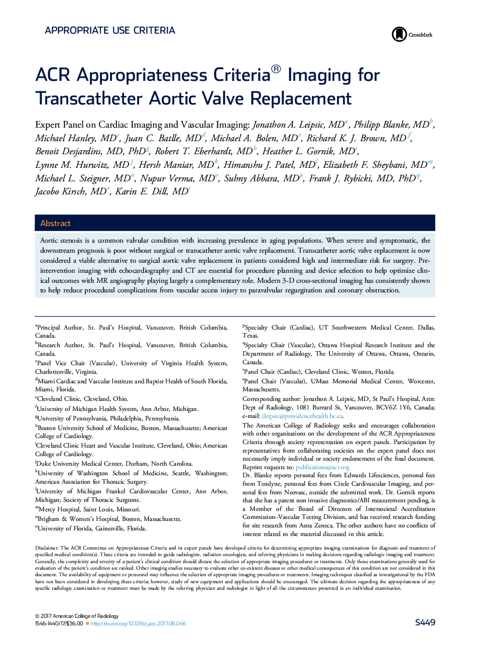 ACR Appropriateness Criteria® Imaging for Transcatheter Aortic Valve Replacement