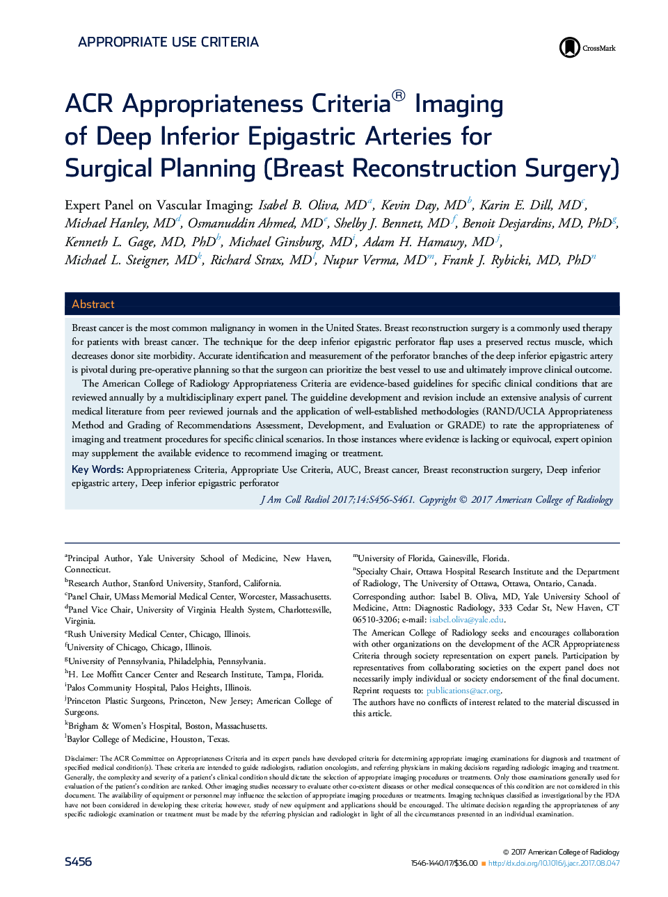 ACR Appropriateness Criteria® Imaging of Deep Inferior Epigastric Arteries for Surgical Planning (Breast Reconstruction Surgery)