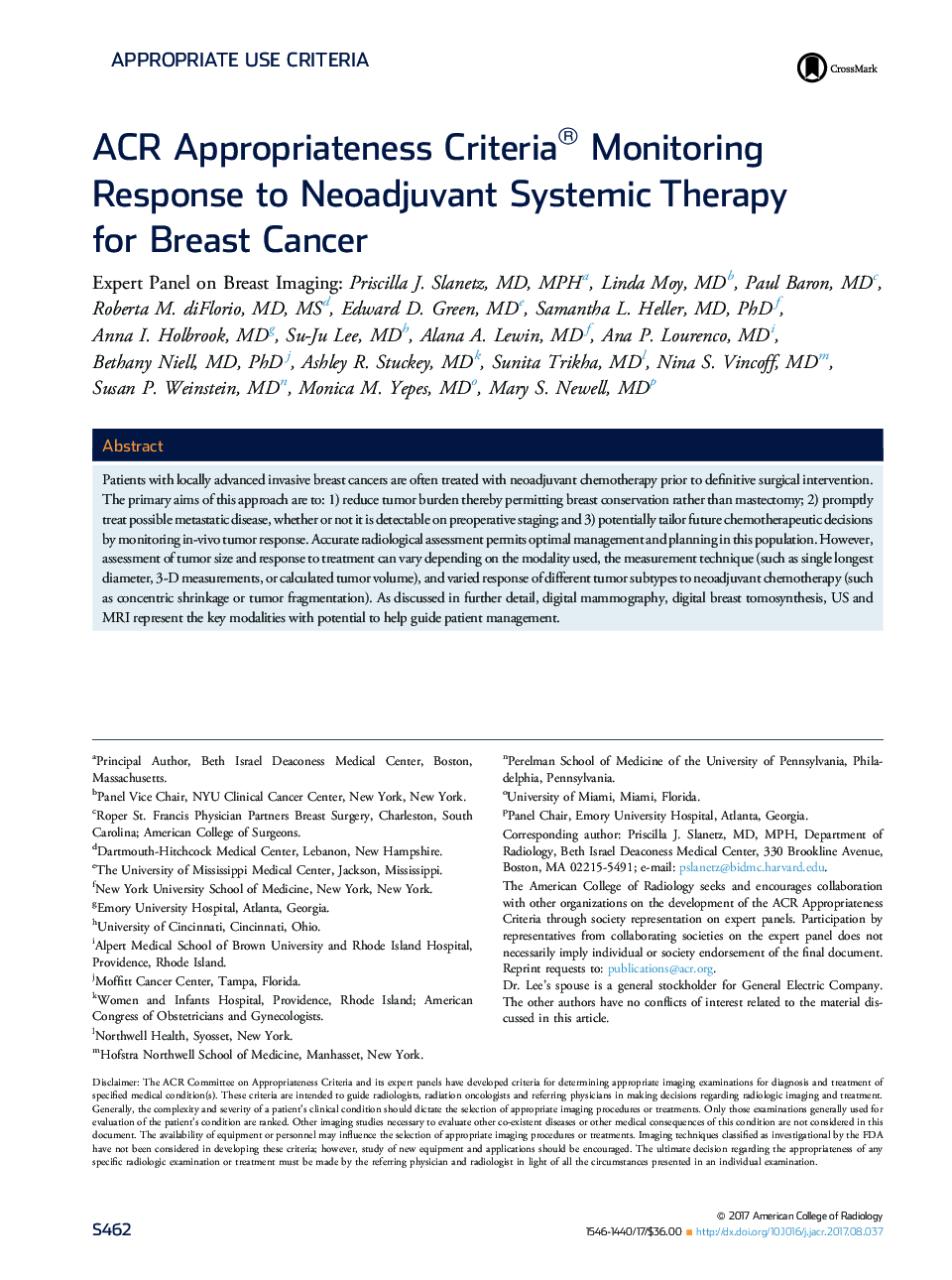 ACR Appropriateness Criteria® Monitoring Response to Neoadjuvant Systemic Therapy forÂ Breast Cancer