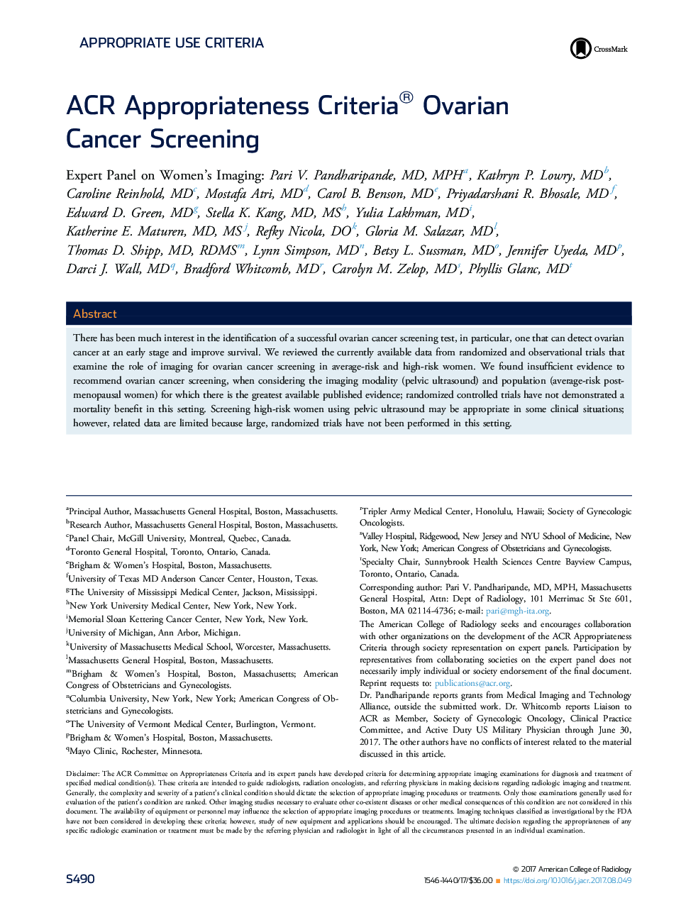 ACR Appropriateness Criteria® Ovarian CancerÂ Screening