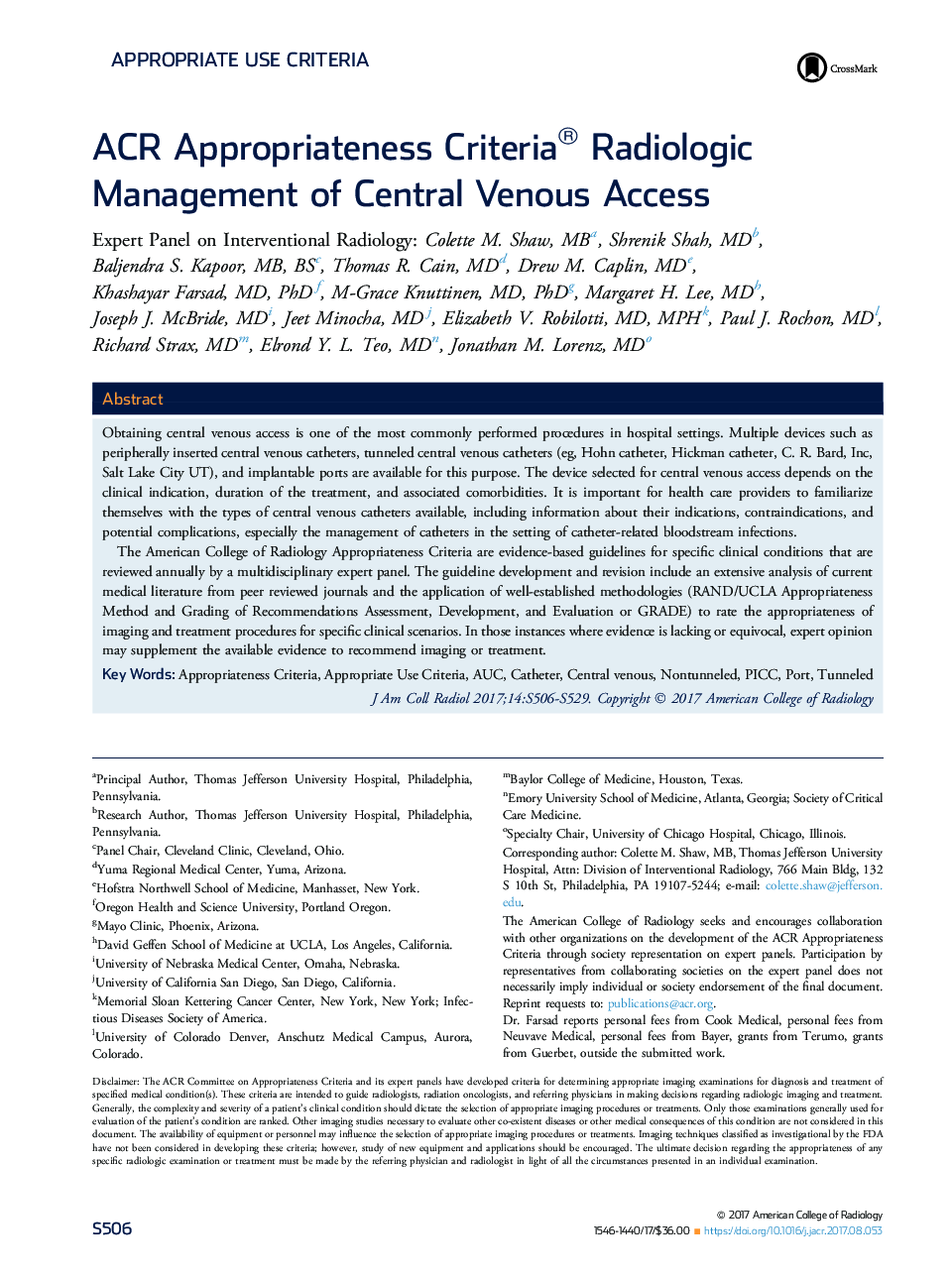 ACR Appropriateness Criteria® Radiologic Management of Central Venous Access
