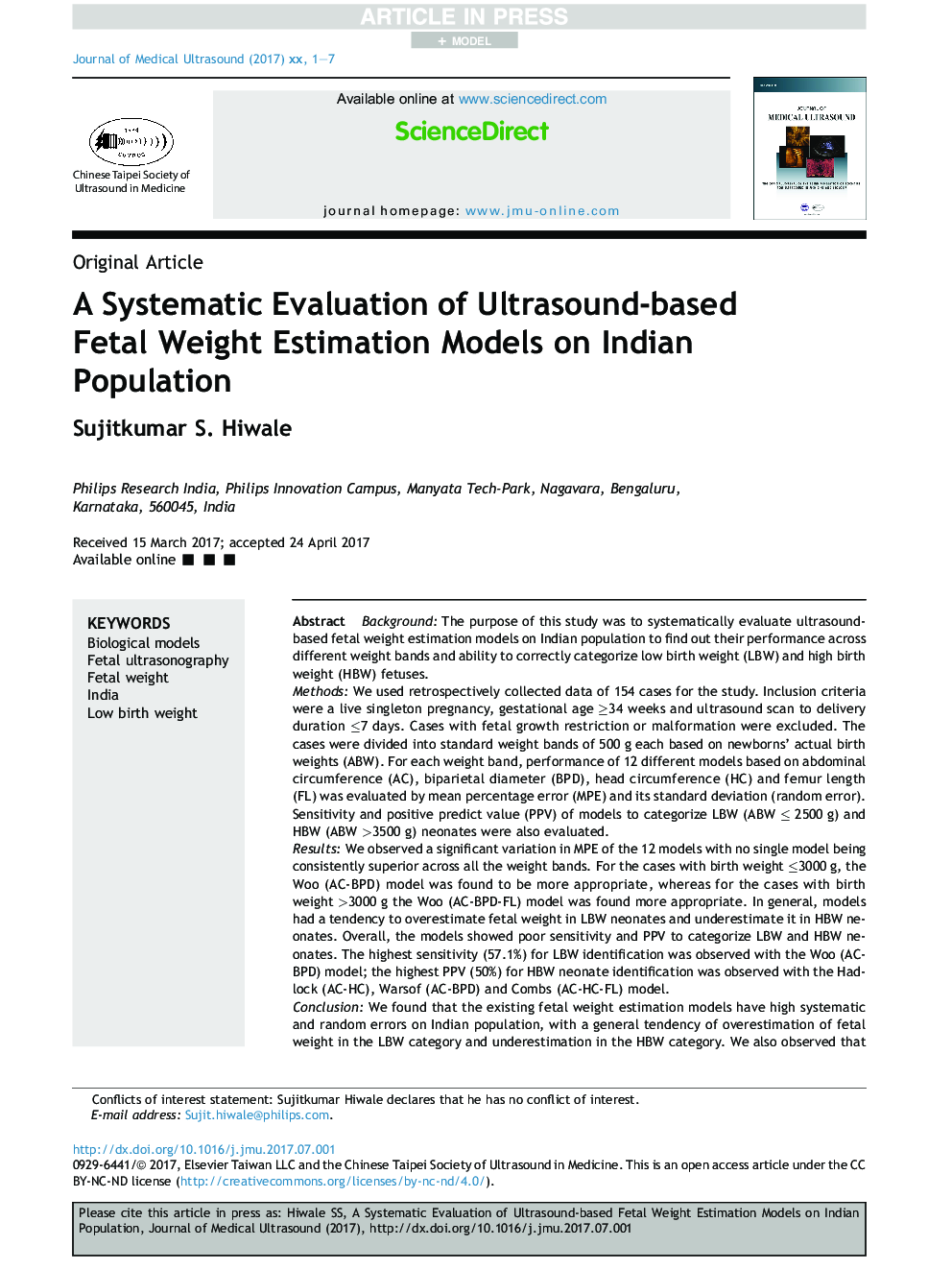 ارزیابی سیستماتیک مدل برآورد وزن جنین مبتنی بر سونوگرافی در جمعیت هند 